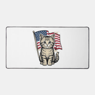 Patriotic Cat with American Flag Vintage Vector De Desk Mat