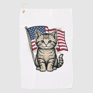 Patriotic Cat with American Flag Vintage Vector De Golf Towel