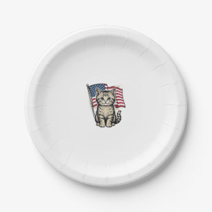Patriotic Cat with American Flag Vintage Vector De Paper Plate
