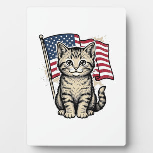 Patriotic Cat with American Flag Vintage Vector De Plaque