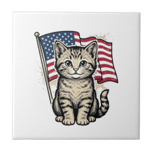 Patriotic Cat with American Flag Vintage Vector De Tile