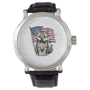 Patriotic Cat with American Flag Vintage Vector De Watch
