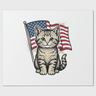 Patriotic Cat with American Flag Vintage Vector De Wrapping Paper