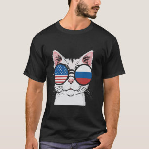 Patriotic Cat with American Russian Flag Glasses C T-Shirt