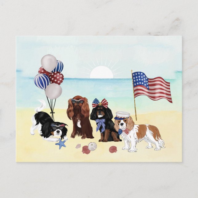 Patriotic Cavalier King Charles Spaniels Beach  Postcard (Front)