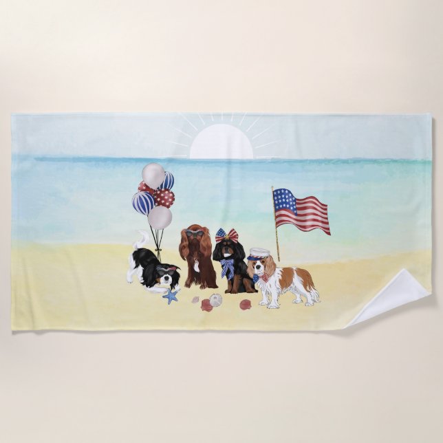 Patriotic Cavalier King Charles Spaniels Beach Towel (Front)