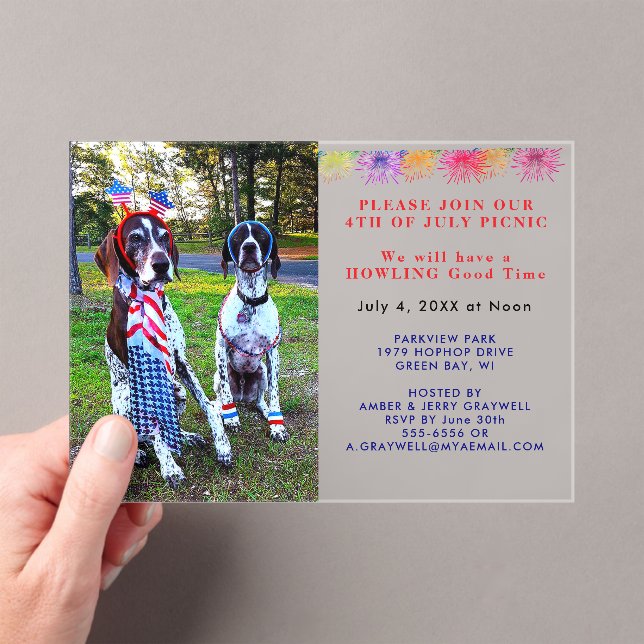Patriotic Celebration Picnic Party Dogs July 4th Acrylic Invitations (Insitu (Handheld))