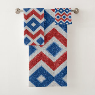 Patriotic Chevron Red White Blue Glitter Stripes Bath Towel Set