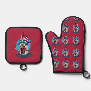 Patriotic Chicken in USA Bandana and Shades Oven Mitt & Pot Holder Set