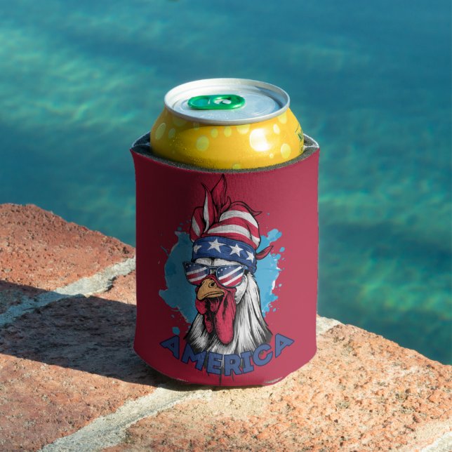 Patriotic Chicken in USA Bandanna and Shades Can Cooler (In Situ Pool)