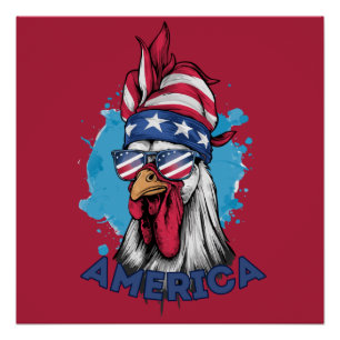 Patriotic Chicken in USA Bandanna and Shades Poster