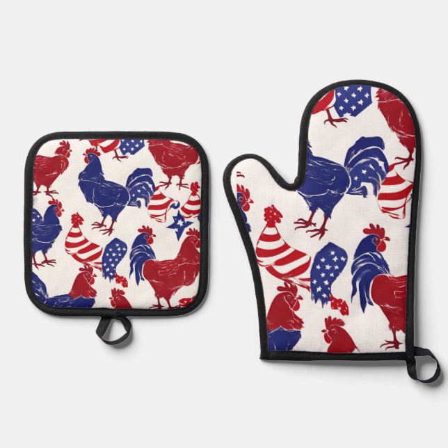 Patriotic Chickens Oven Mitt and Pot Holders Oven Mitt & Pot Holder Set (Front)