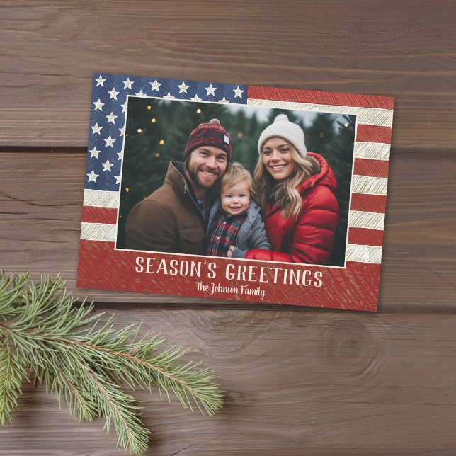 Patriotic Christmas 1 photo American Flag Holiday Card (USA Flag design with a placeholder for 1 photo - Add a greeting and family signature)