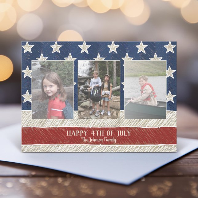 Patriotic Christmas 3 photo American Flag Vertical Holiday Card (Unique Photo Card)
