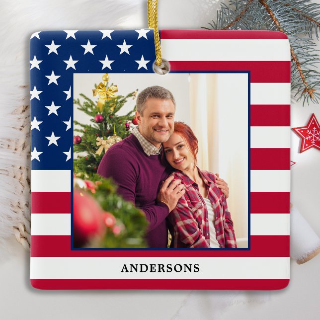Patriotic Christmas Custom Photo USA American Flag Ceramic Ornament (Creator Uploaded)