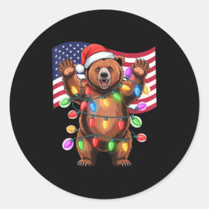 Patriotic Christmas Grizzly Bear Holiday Light San Classic Round Sticker