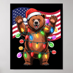 Patriotic Christmas Grizzly Bear Holiday Light San Poster