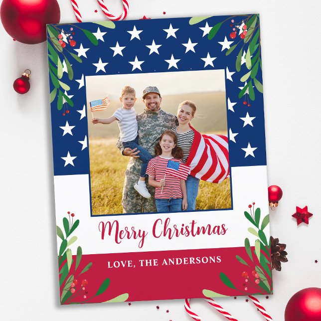 Patriotic Christmas Military Photo American Flag  Holiday Postcard (Creator Uploaded)