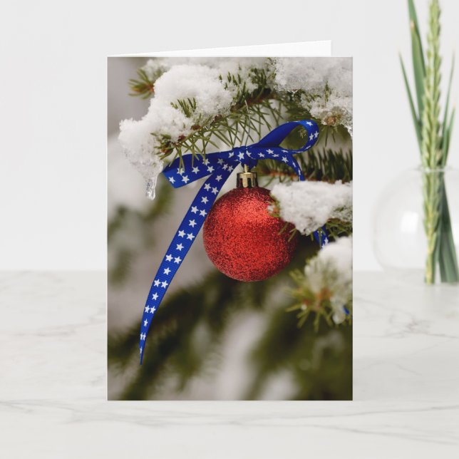 Patriotic Christmas Ornament on a Tree Holiday Card (Front)