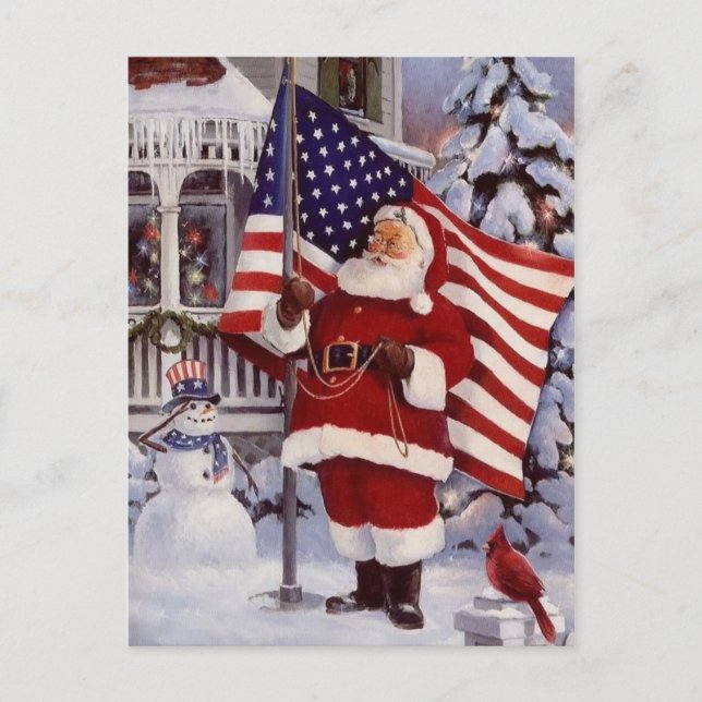 Patriotic Christmas Santa Holding American Flag Holiday Postcard (Front)