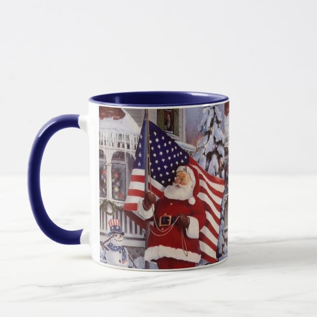 Patriotic Christmas Santa Holding American Flag Mug (Left)