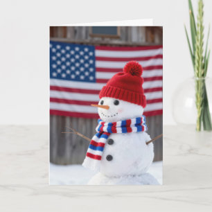 Patriotic Christmas Snowman With American Flag Card
