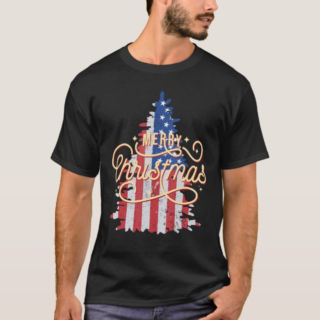 Patriotic Christmas Tree Us Flag Retro Merry Chris T-Shirt (Front)