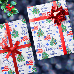 Patriotic Christmas Tree USA Merry Christmas Wrapping Paper