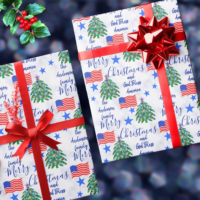 Patriotic Christmas Tree USA Merry Christmas Wrapping Paper (This patriotic gift wrap is covered in red white and blue Christmas trees and American flags)
