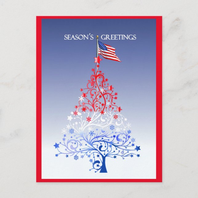 Patriotic Christmas Tree with American Flag Holiday Postcard (Front)