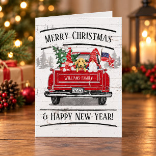 Patriotic Christmas Vintage Red Truck Gnome Dog Holiday Card