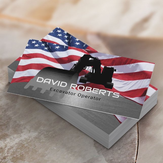 Patriotic Construction Excavator Operator Metal Business Card (Creator Uploaded)