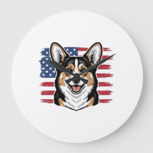 Patriotic Corgi American Flag Vintage Vector Desig Large Clock