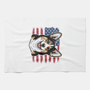 Patriotic Corgi American Flag Vintage Vector Desig Tea Towel