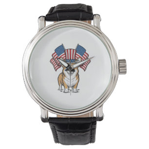 Patriotic Corgi Dog Vintage Engraving Shirt Design Watch