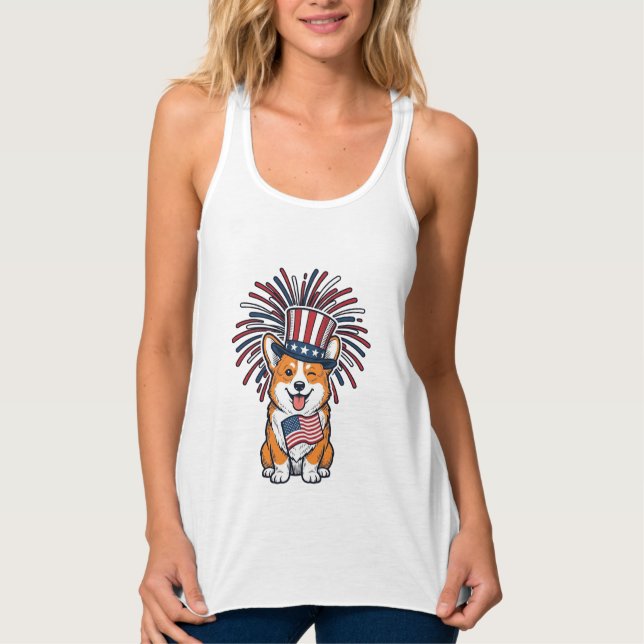 Patriotic Corgi Fireworks Dog Vector Design_1 Singlet (Front)