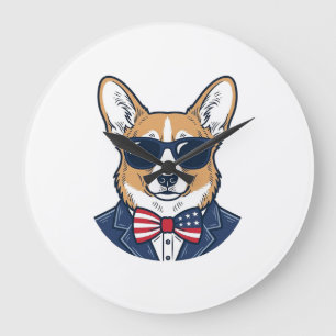 Patriotic Corgi Sunglasses Vintage Vector Art_1 Large Clock
