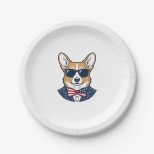 Patriotic Corgi Sunglasses Vintage Vector Art_1 Paper Plate
