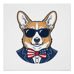 Patriotic Corgi Sunglasses Vintage Vector Art_1 Poster