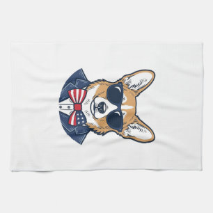 Patriotic Corgi Sunglasses Vintage Vector Art_1 Tea Towel