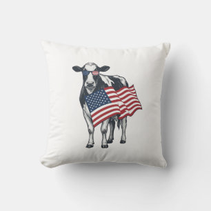 Patriotic Cow American Flag Vintage Engraving Desi Cushion