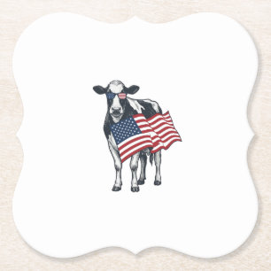 Patriotic Cow American Flag Vintage Engraving Desi Paper Coaster