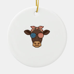 Patriotic Cow Head Sunglasses Vintage Design_1 Ceramic Tree Decoration