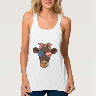 Patriotic Cow Head Sunglasses Vintage Design_1 Singlet