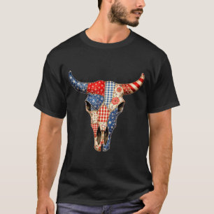 Patriotic Cow Skull Patchwork American Flag T-Shirt