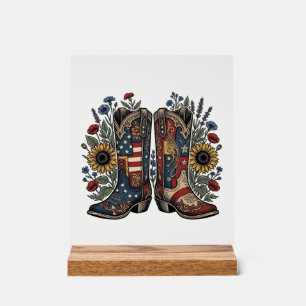 Patriotic Cowboy Boots Sunflower Floral Shirt Desi Acrylic Sign
