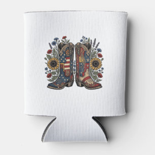 Patriotic Cowboy Boots Sunflower Floral Shirt Desi Can Cooler