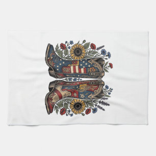 Patriotic Cowboy Boots Sunflower Floral Shirt Desi Tea Towel