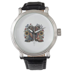 Patriotic Cowboy Boots Sunflower Floral Shirt Desi Watch