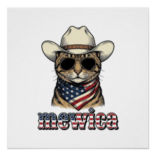 Patriotic Cowboy Cat Mewica Vintage Vector Design_ Poster